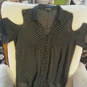 Black and White cold shoulder textured blouse